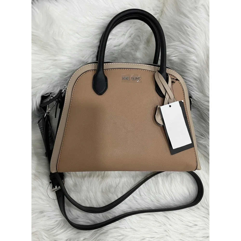 Nine West Women's Satchel Handbag Beige Black Top Handle Crossbody NWT